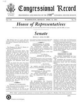 Congressional Record United States Th of America PROCEEDINGS and DEBATES of the 108 CONGRESS, SECOND SESSION