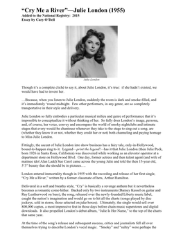 Cry Me a River”—Julie London (1955) Added to the National Registry: 2015 Essay by Cary O’Dell