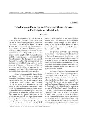 Indo-European Encounter and Features of Modern Science in Pre-Colonial & Colonial India