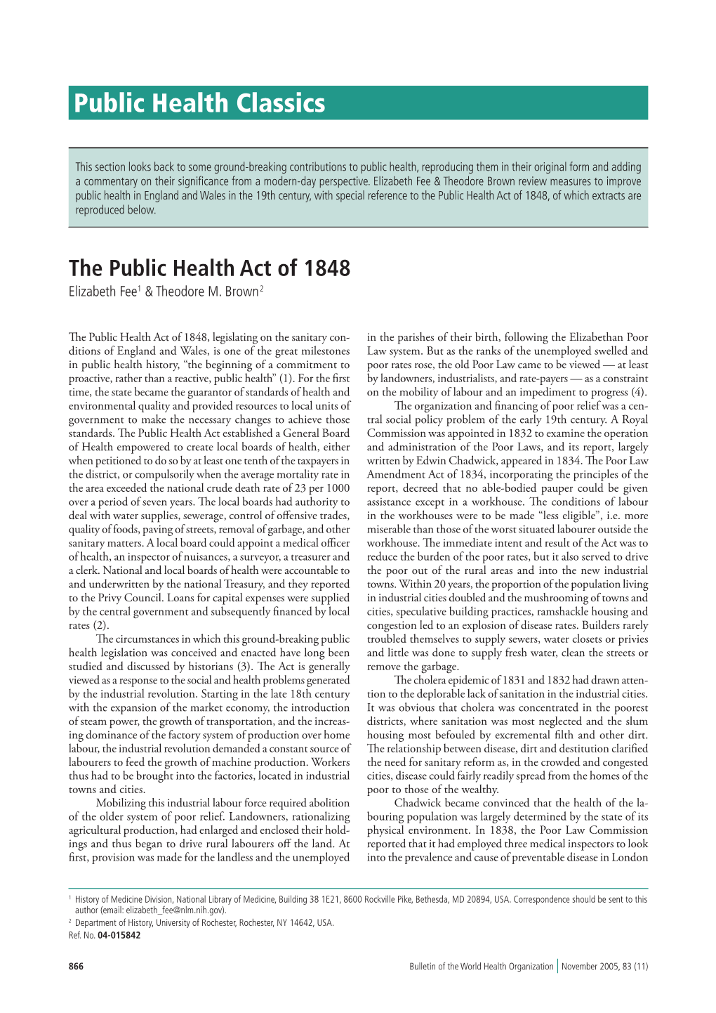 Public Health Act of 1848, of Which Extracts Are Reproduced Below
