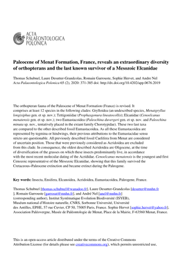 Paleocene of Menat Formation, France, Reveals an Extraordinary Diversity of Orthopterans and the Last Known Survivor of a Mesozoic Elcanidae