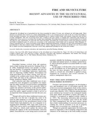 FIRE and SILVICULTURE RECENT ADVANCES in the SILVICULTURAL USE of Prescrffied FIRE