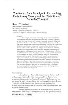 The Search for a Paradigm in Archaeology Evolutionary Theory and the "Selectionist" School of Thought