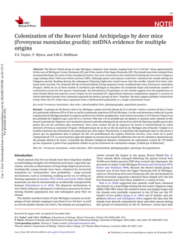 Colonization of the Beaver Island Archipelago by Deer Mice (Peromyscus Maniculatus Gracilis): Mtdna Evidence for Multiple Origins Z.S