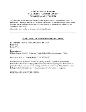 Case Announcements Colorado Supreme Court Monday, August 16, 2021