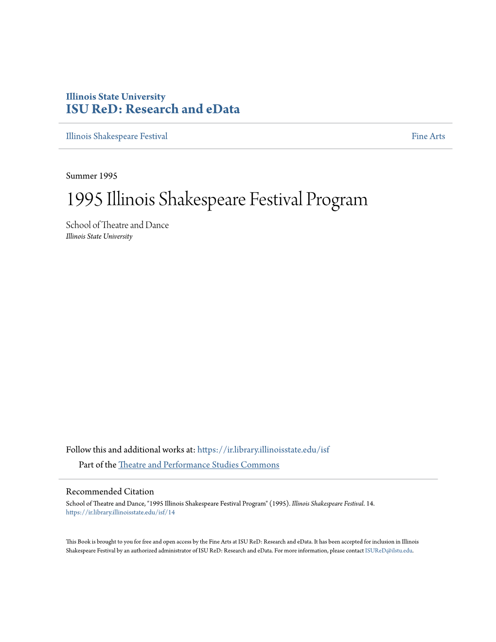 1995 Illinois Shakespeare Festival Program School of Theatre and Dance Illinois State University