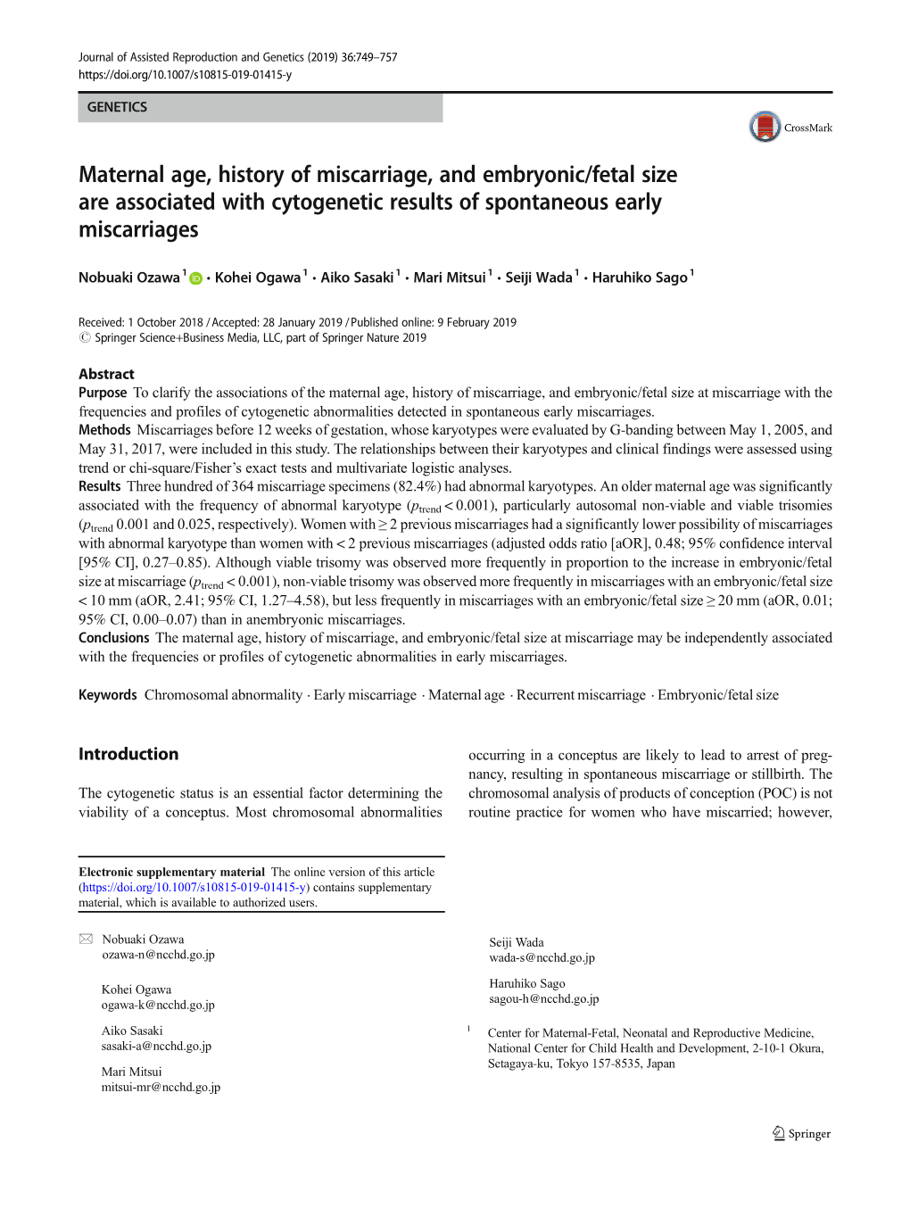 Maternal Age, History of Miscarriage, and Embryonic/Fetal Size Are Associated with Cytogenetic Results of Spontaneous Early Miscarriages