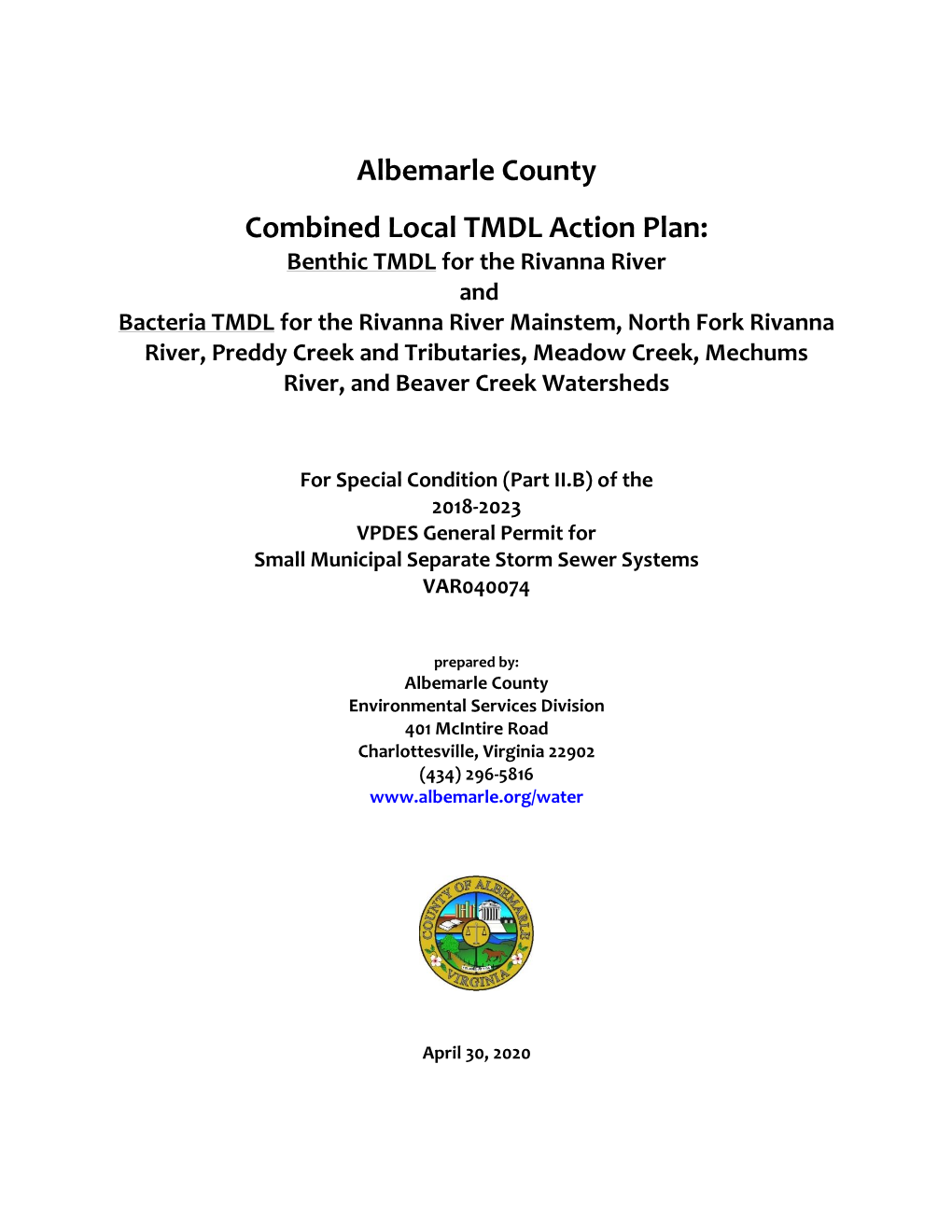 Albemarle County Combined Local TMDL Action Plan