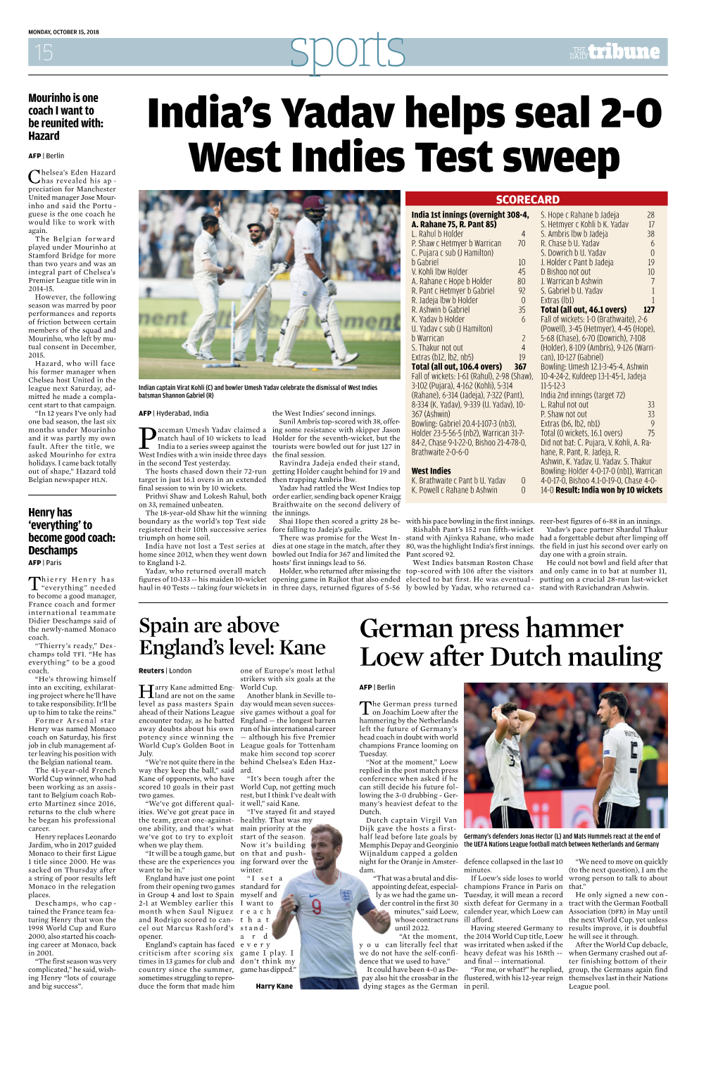 India's Yadav Helps Seal 2-0 West Indies Test Sweep