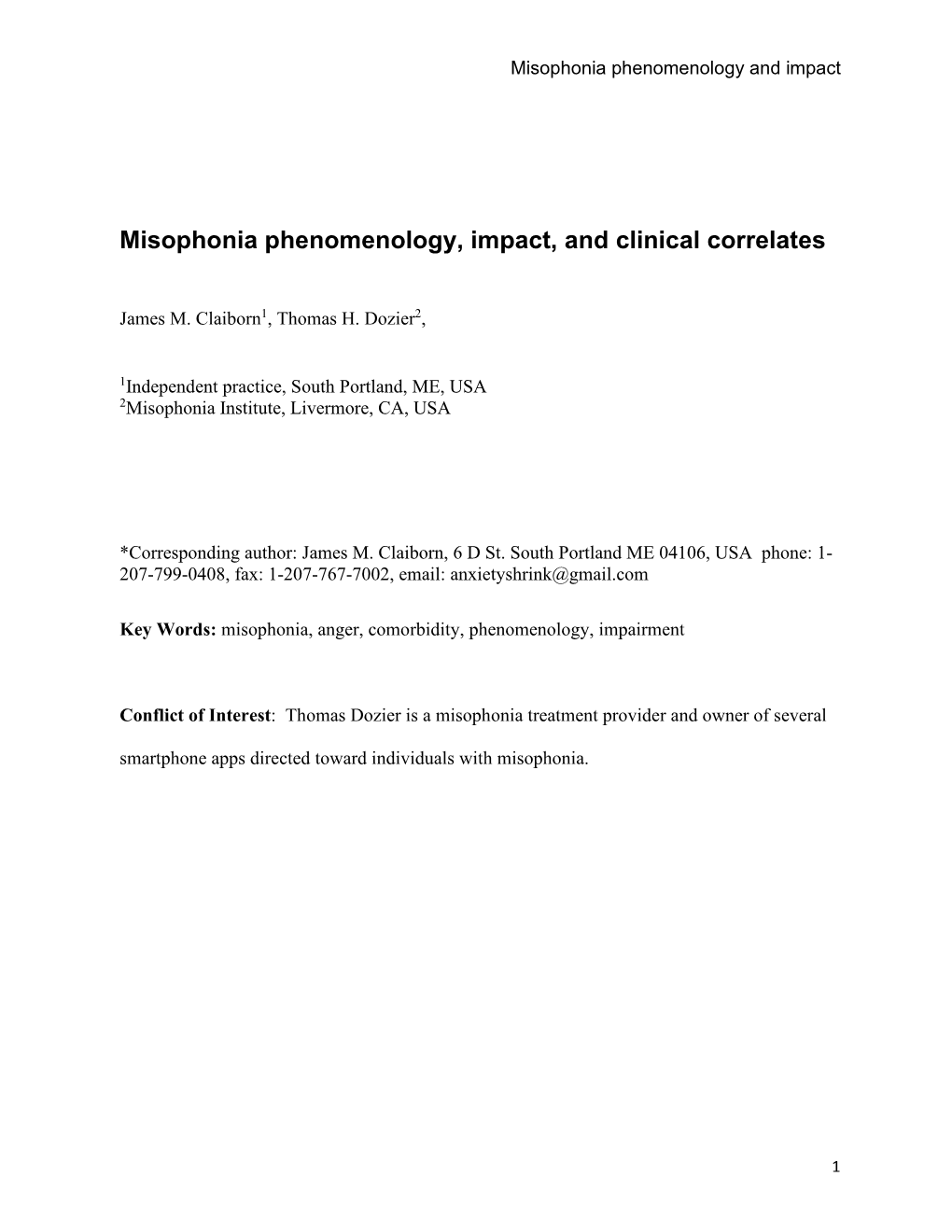 Misophonia Phenomenology, Impact, and Clinical Correlates