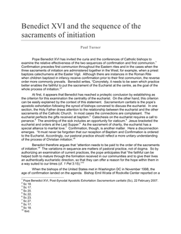 Benedict XVI and the Sequence of the Sacraments of Initiation