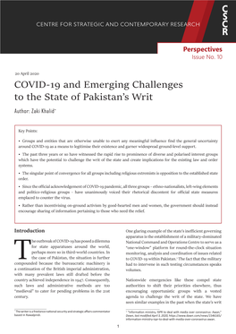 COVID-19 and Emerging Challenges to the State of Pakistan's Writ