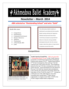 Newsletter – March 2014 ABA Selected As “Outstanding School” and Wins “Gold”
