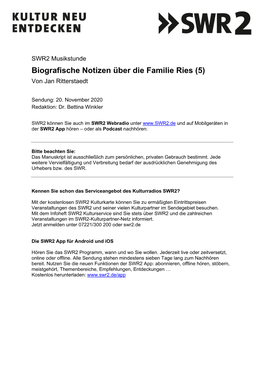 Biografische Notizen Über Die Familie Ries (5) Von Jan Ritterstaedt