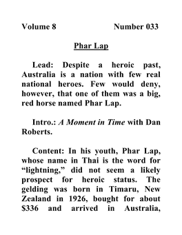 Volume 8 Number 033 Phar Lap Lead: Despite a Heroic Past, Australia Is