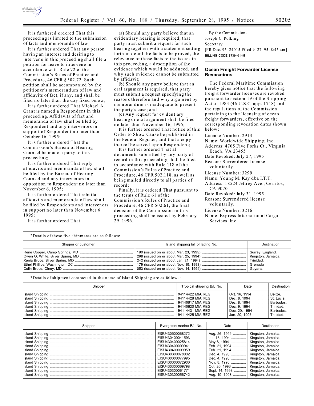 Federal Register / Vol. 60, No. 188 / Thursday, September 28, 1995 / Notices 50205