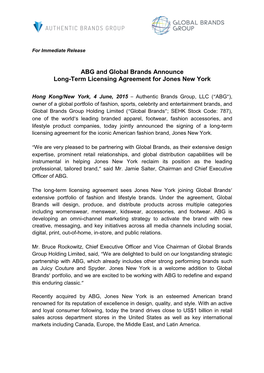 ABG and Global Brands Announce Long-Term Licensing Agreement for Jones New York