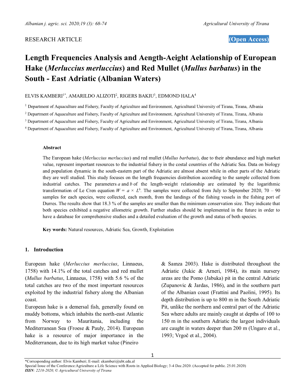 Length Frequencies Analysis and Aength-Aeight Aelationship of European Hake (Merluccius Merluccius) and Red Mullet (Mullus Barba