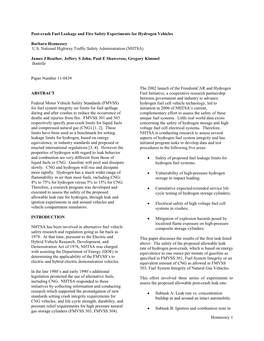 Post-Crash Fuel Leakage and Fire Safety Experiments for Hydrogen Vehicles