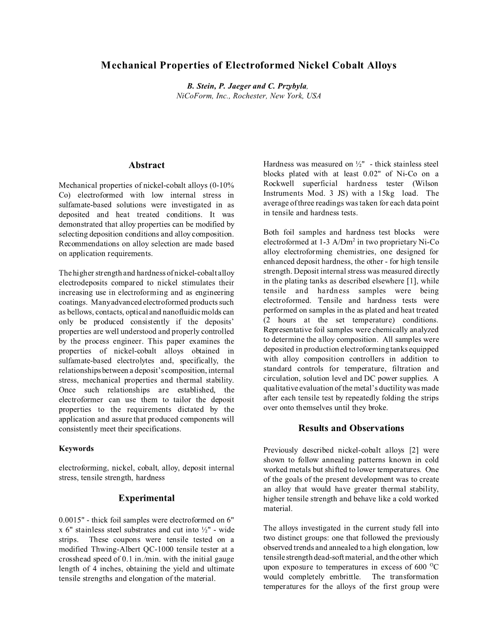 Mechanical Properties of Electroformed Nickel Cobalt Alloys