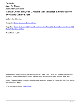 Harlan Coben and John Grisham Talk in Darien Library/Barrett Bookstore Online Event