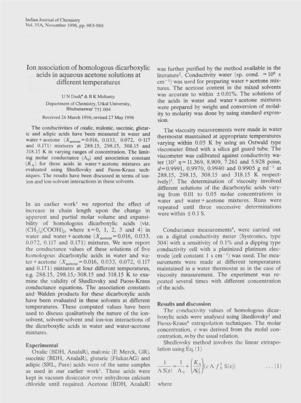 Ion Association Ofhomologous Dicarboxylic Acids in Aqueous