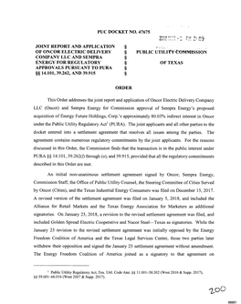 Puc Docket No. 47675 Joint Report and Application of Oncor Electric Delivery Company Llc and Sempra Energy for Regulatory Approv