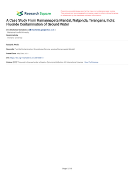 A Case Study from Ramannapeta Mandal, Nalgonda, Telangana, India: Fluoride Contamination of Ground Water