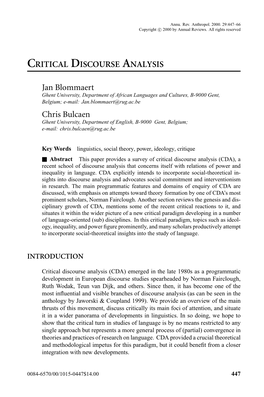 CRITICAL DISCOURSE ANALYSIS Jan Blommaert Chris Bulcaen