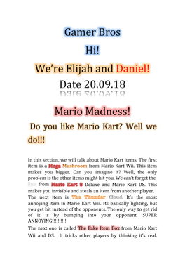 Gamer Bros Hi! We're Elijah and Daniel! Date 20.09.18 Mario