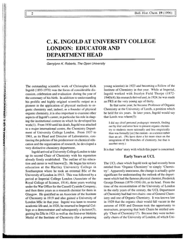 C. K. Ingold at University College London: Educator and Department Head