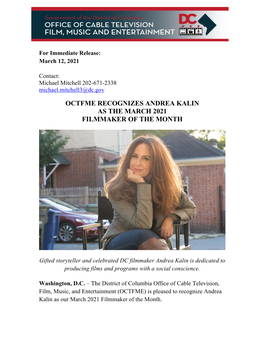Octfme Recognizes Andrea Kalin As the March 2021 Filmmaker of the Month
