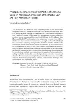 Philippine Technocracy and the Politics of Economic Decision-Making: a Comparison of the Martial Law and Post-Martial Law Periods