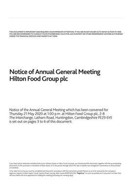 Notice of Annual General Meeting Hilton Food Group Plc
