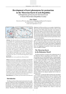 Development of Karst Phenomena for Geotourism in the Moravian Karst (Czech Republic) Udostępnianie Geoturystyczne Form Krasowych W Krasie Morawskim (Republika Czeska)