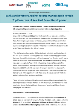 Banks and Investors Against Future: NGO Research Reveals Top Financiers of New Coal Power Development