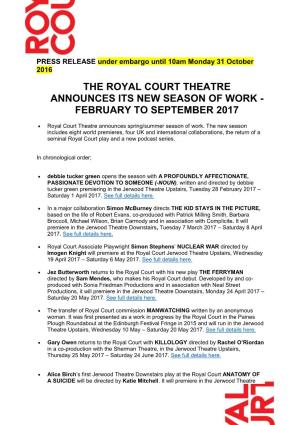 The Royal Court Theatre Announces Its New Season of Work - February to September 2017
