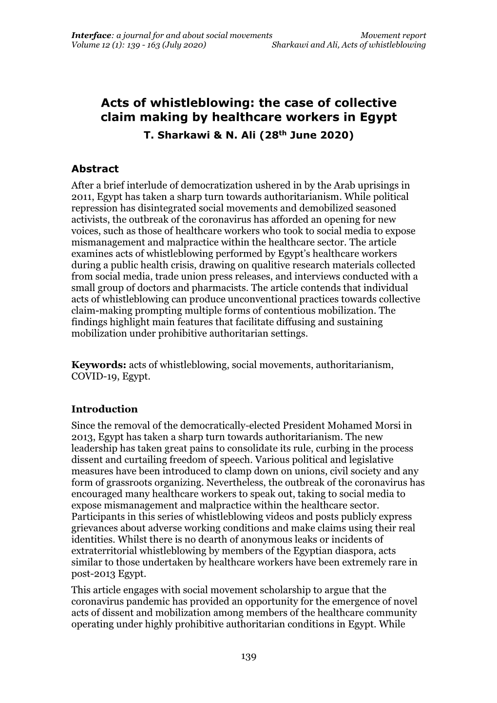 Acts of Whistleblowing: the Case of Collective Claim Making by Healthcare Workers in Egypt T