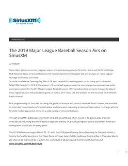 The 2019 Major League Baseball Season Airs on Siriusxm