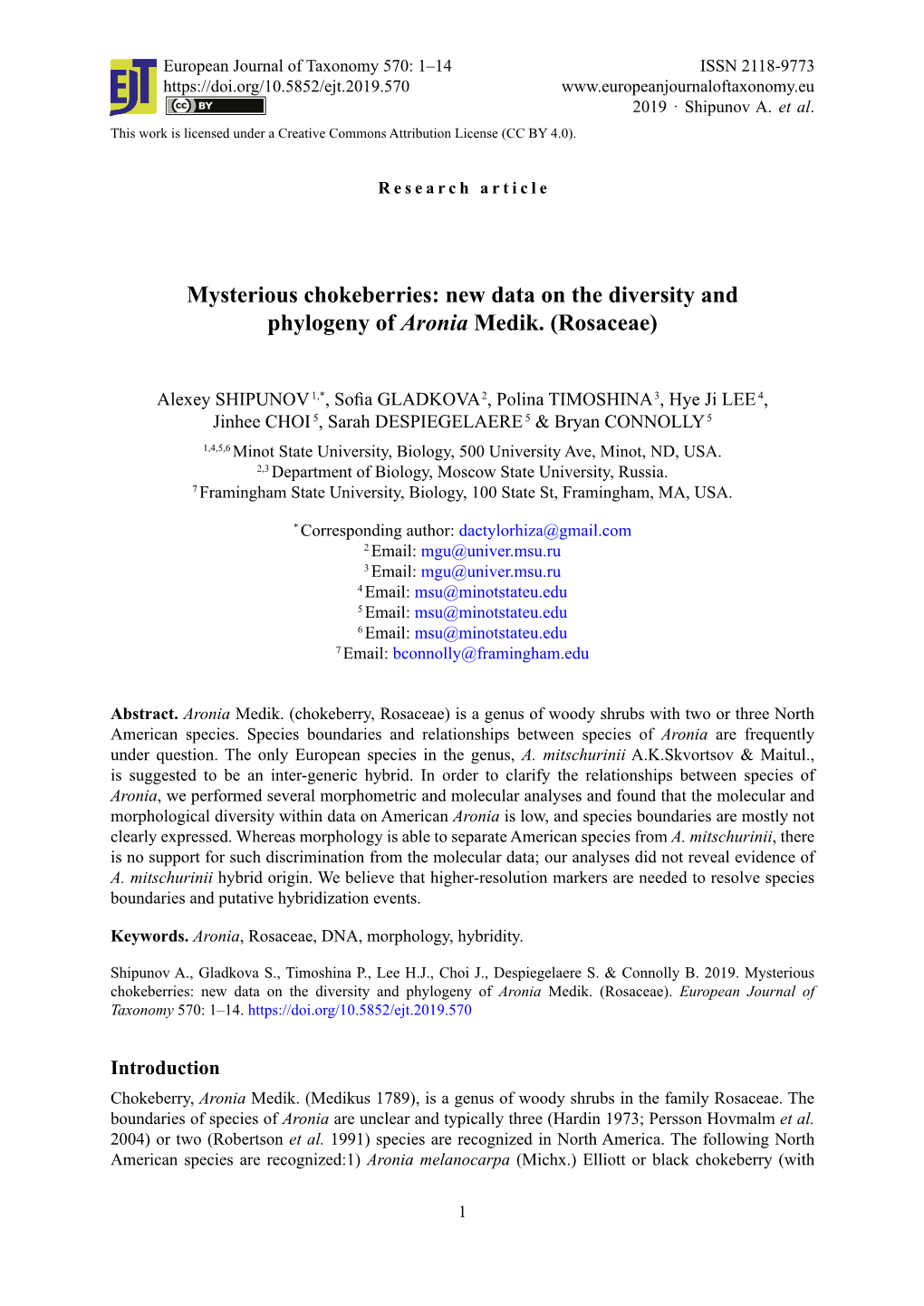 Mysterious Chokeberries: New Data on the Diversity and Phylogeny of Aronia Medik. (Rosaceae)