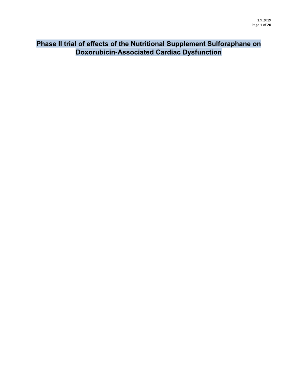 Phase II Trial of Effects of the Nutritional Supplement Sulforaphane on Doxorubicin-Associated Cardiac Dysfunction