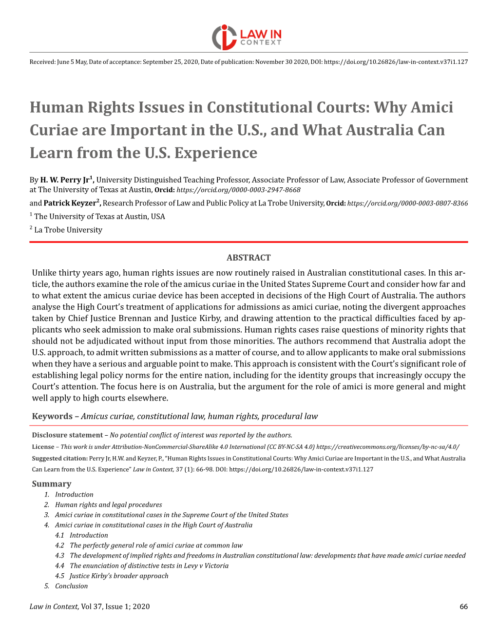 Human Rights Issues in Constitutional Courts: Why Amici Curiae Are Important in the U.S., and What Australia Can Learn from the U.S