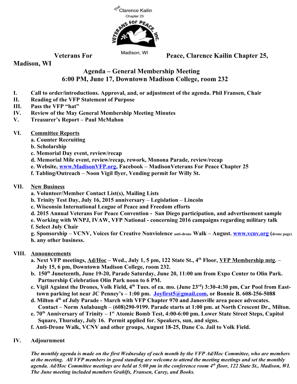 Veterans for Peace, Clarence Kailin Chapter 25, Madison, WI