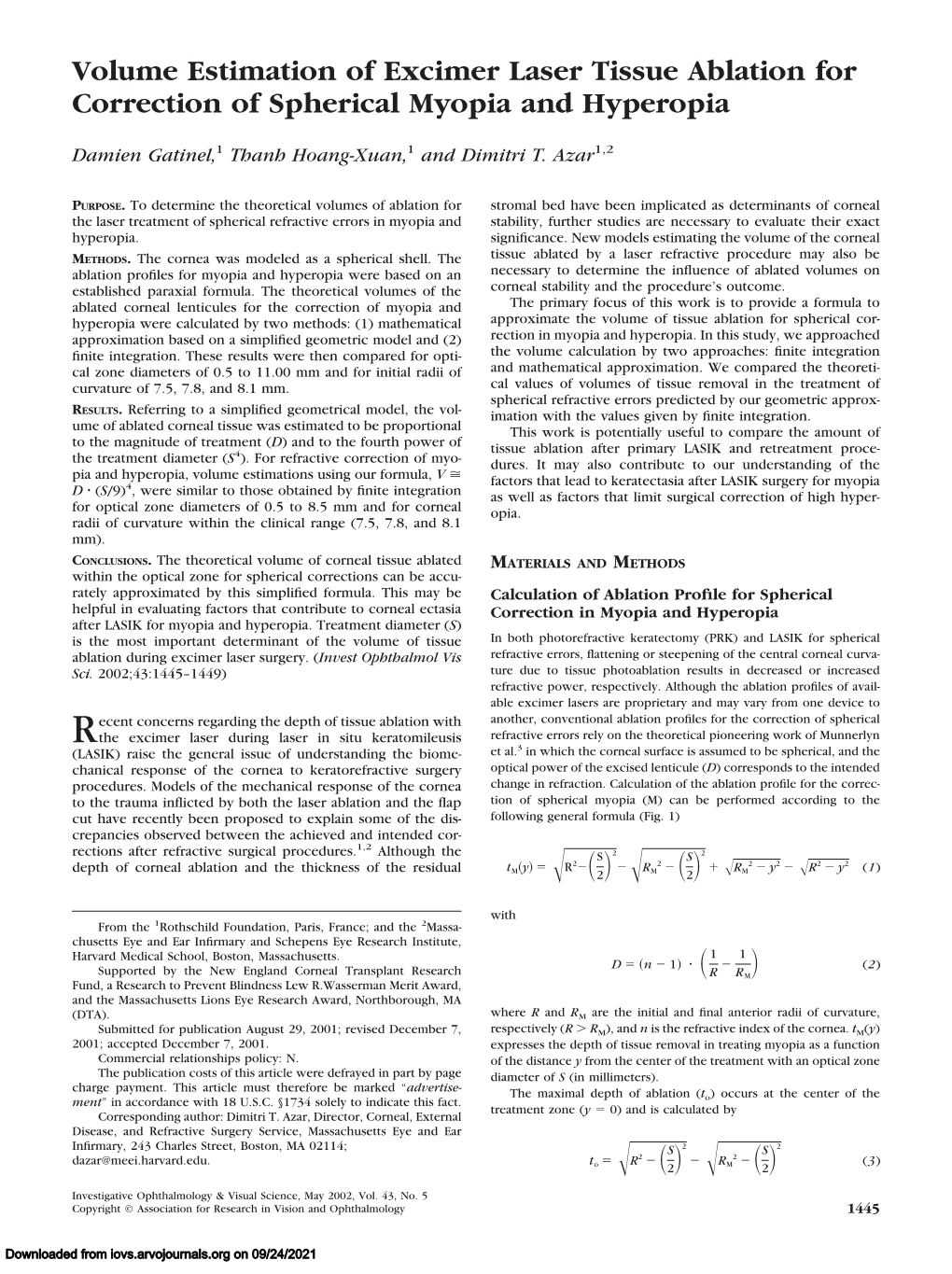 Volume Estimation of Excimer Laser Tissue Ablation for Correction of Spherical Myopia and Hyperopia