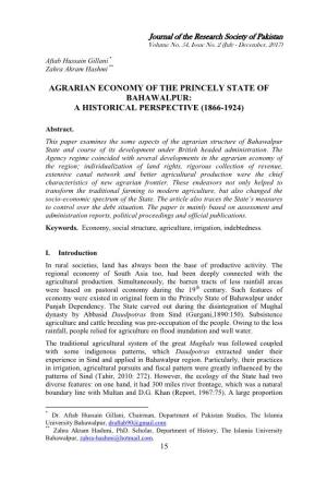 Agrarian Economy of the Princely State of Bahawalpur: a Historical Perspective (1866-1924)