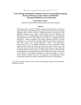 Voices of Hope and Despair: Themes in the Lives and English Language Works of Women Creative Writers of Pakistani Heritage Published in the Last Decade