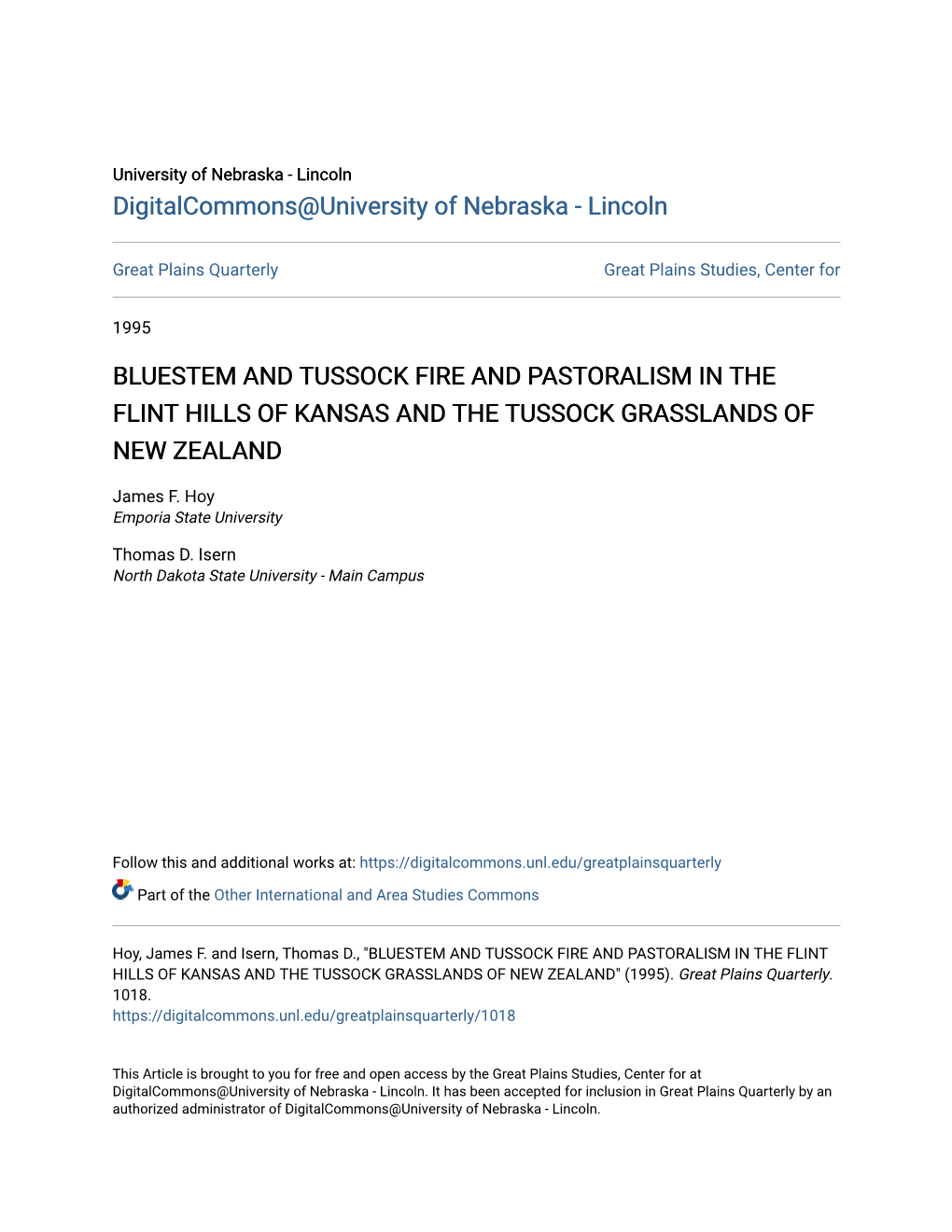 Bluestem and Tussock Fire and Pastoralism in the Flint Hills of Kansas and the Tussock Grasslands of New Zealand