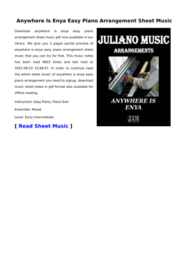 Anywhere Is Enya Easy Piano Arrangement Sheet Music