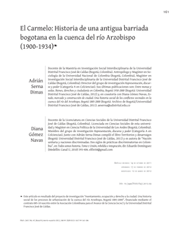 El Carmelo: Historia De Una Antigua Barriada Bogotana En La Cuenca Del Río Arzobispo (1900-1934)❧