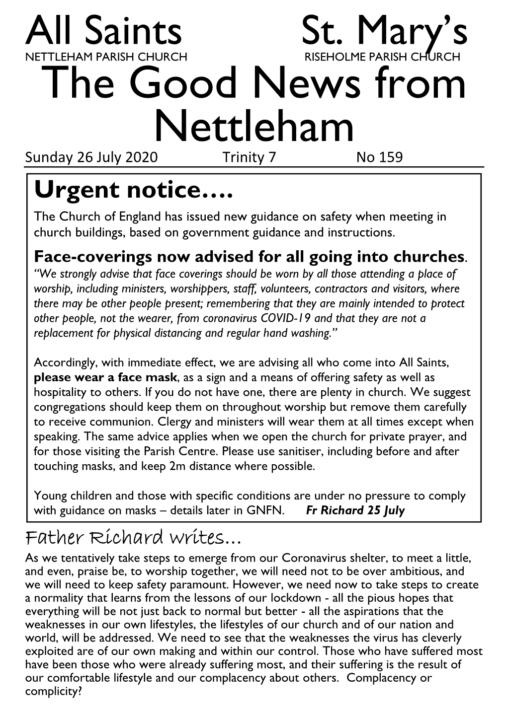 The Good News from Nettleham Sunday 26 July 2020 Trinity 7 No 159 Urgent Notice…